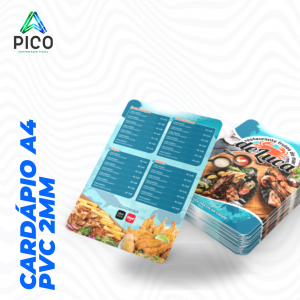 CARDÁPIO PVC 2MM ADESIVADO - TAMANHO A4 - 4X4  A4 - 21x29,7 cm    